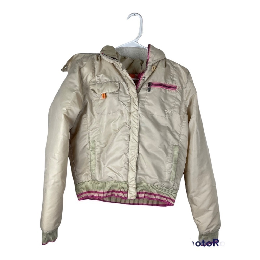 Roxy Junior  Large White Pink Flower Embroidered Jacket Removable Hood
